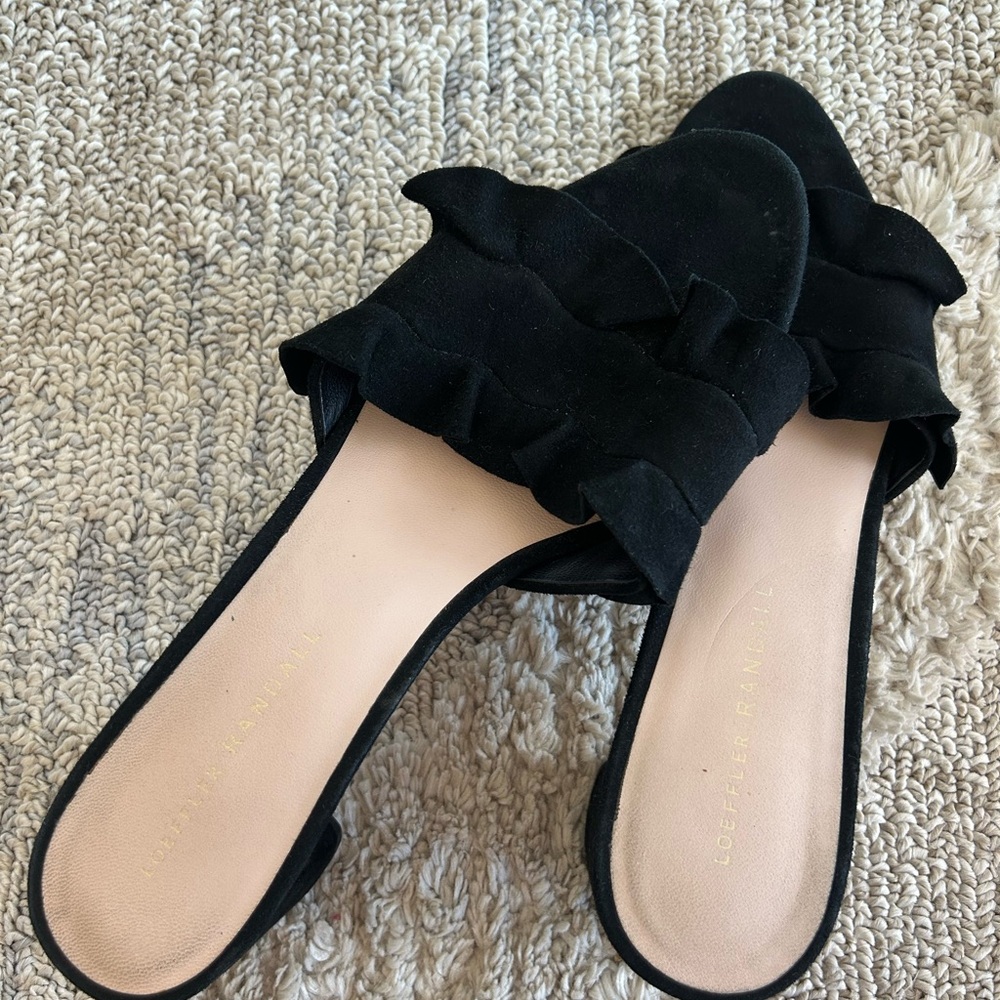 Loeffler Randall ruffle black suede sandals